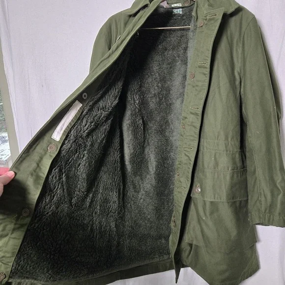 Vintage European NATO Army Green Heavy Coat Lined Removable Pile Fleece C48